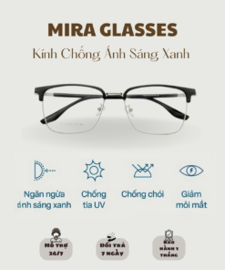 Kính chống ánh sáng xanh Mira Clubmaster C01 thiết kế nửa gọng tri thức, thanh lịch. Bảo vệ mắt tối ưu khỏi tia UV, ánh sáng xanh và chống chói hiệu quả.