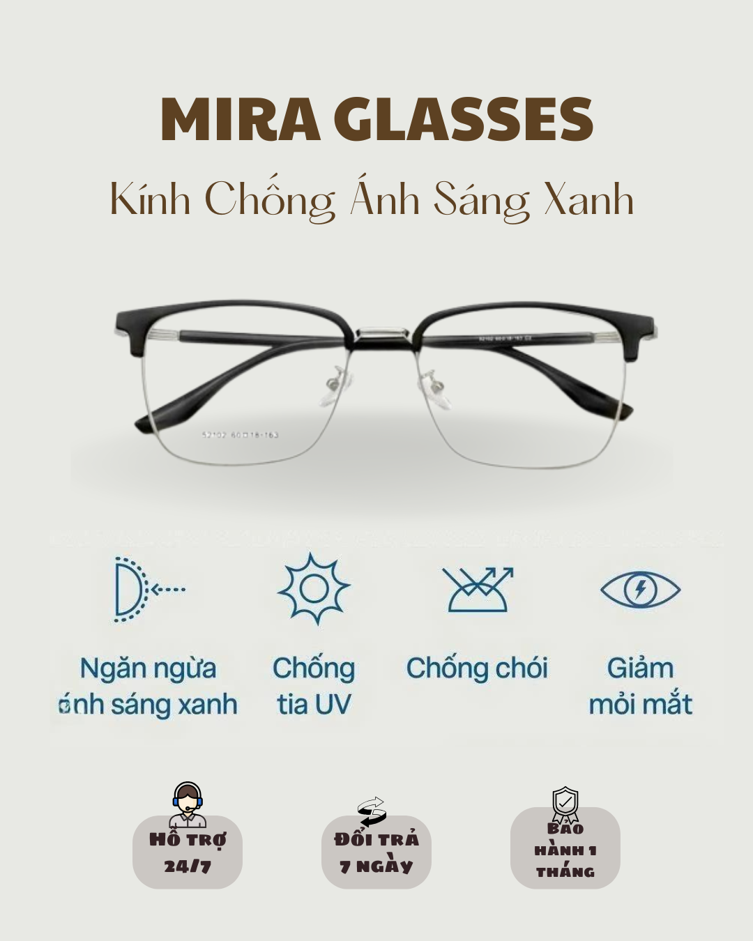 Kính Mira Glasses Kính chống ánh sáng xanh Mira Clubmaster C01 thiết kế nửa gọng tri thức, thanh lịch. Bảo vệ mắt tối ưu khỏi tia UV, ánh sáng xanh và chống chói hiệu quả.