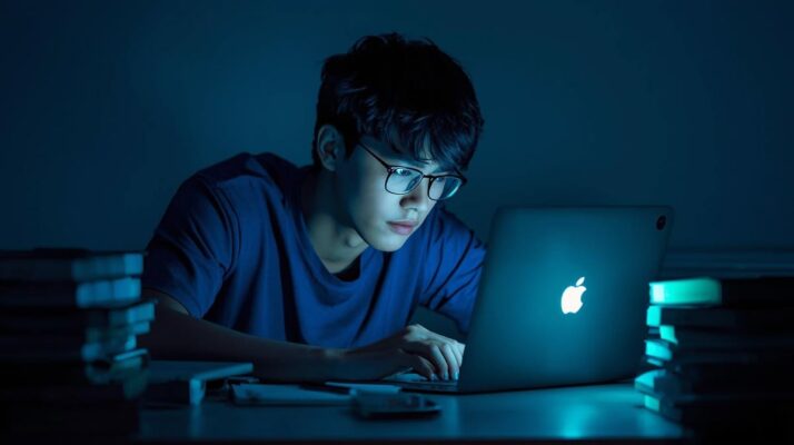 Người trẻ đeo kính chống ánh sáng xanh làm việc bên laptop